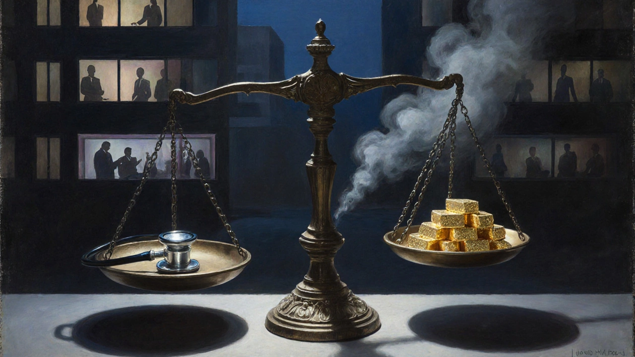 Artistic scene of a stethoscope balanced against gold bars, symbolizing ethical tension.