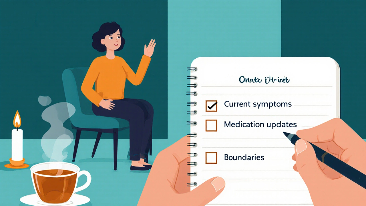 Close-up of a client’s checklist beside tea, with therapist listening in the background.