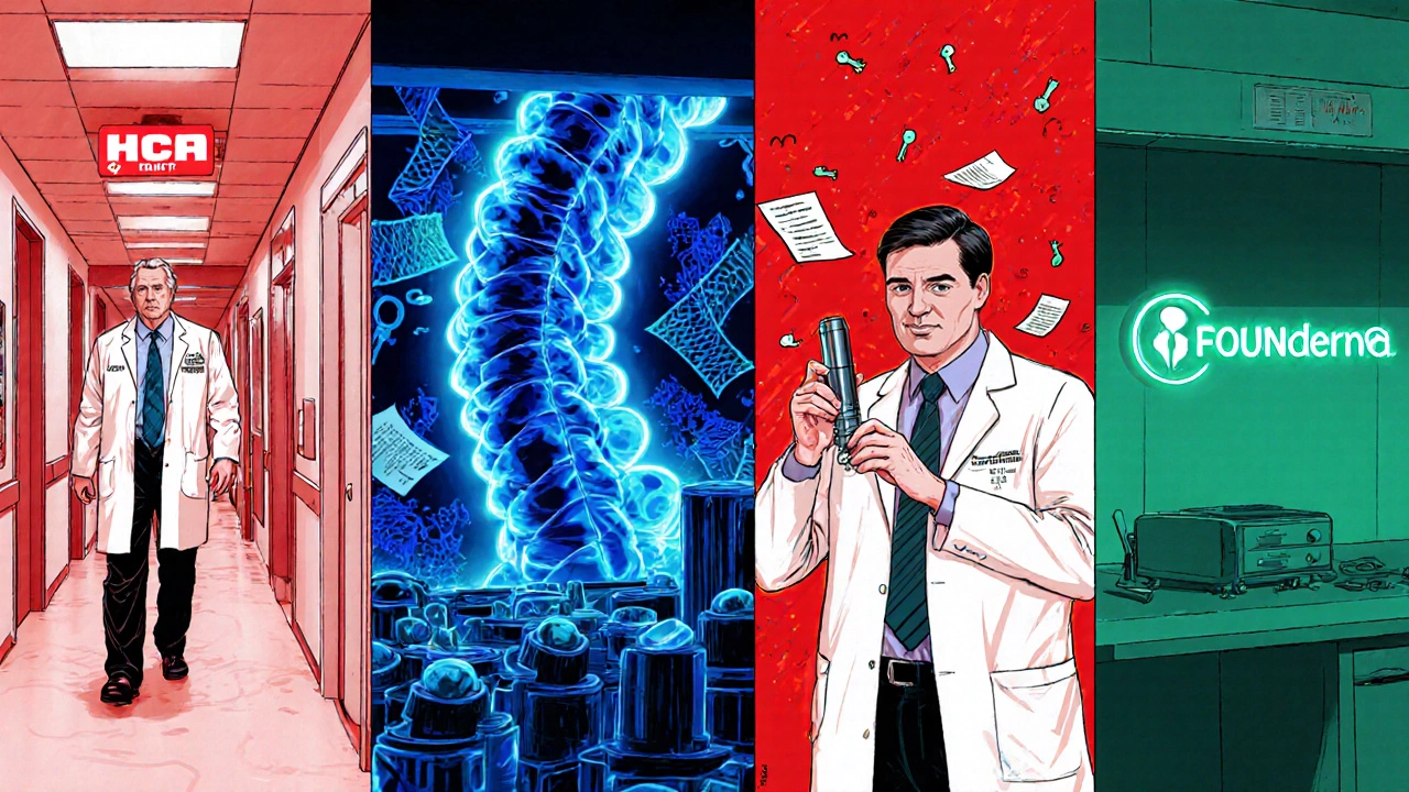 Collage of four billionaire doctors with icons of hospitals, implants, drug delivery, and genomics.