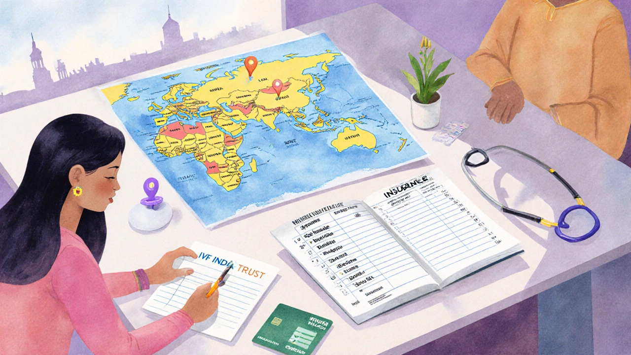 Couple planning IVF budget with world map pins, ledger, grant letter, and insurance card.