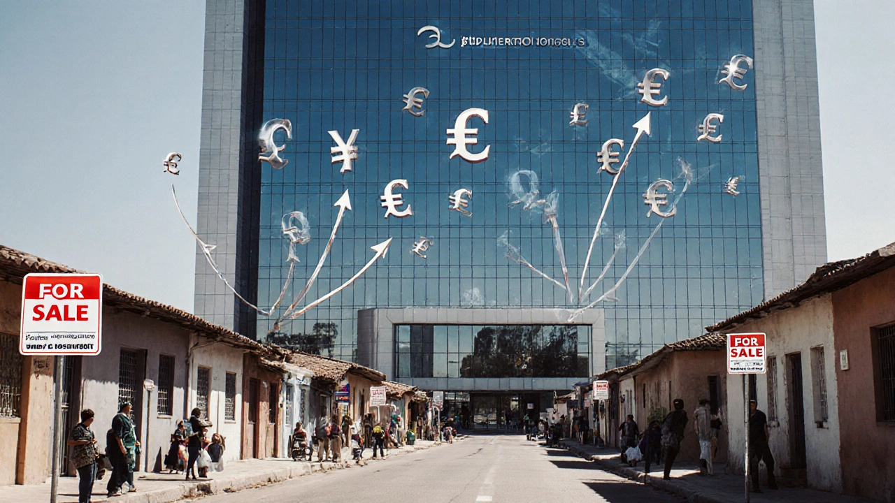 Digital collage of a modern hospital with profit arrows leaving it, beside a neighborhood with displaced families and rising prices.
