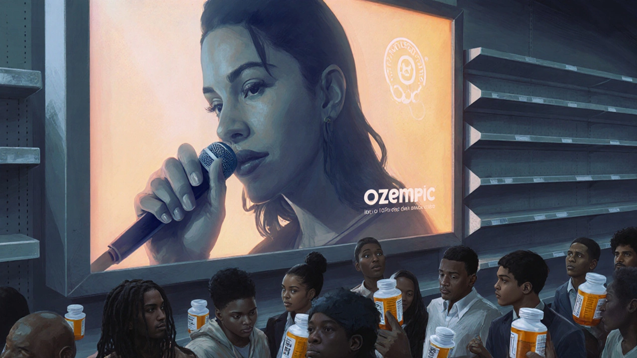 Digital painting of a celebrity billboard influencing a crowd holding prescription bottles in an empty pharmacy.