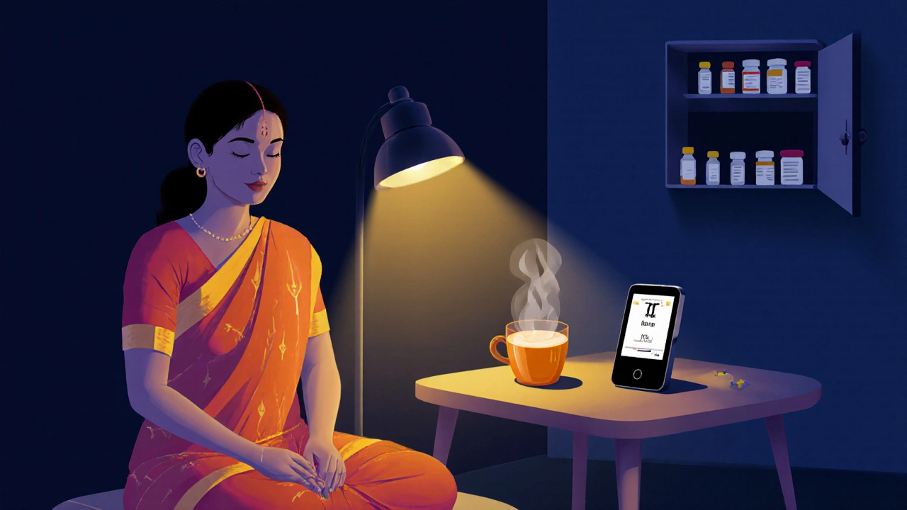 Digital scene of evening Ayurvedic oil massage, turmeric milk, and a blood glucose monitor.