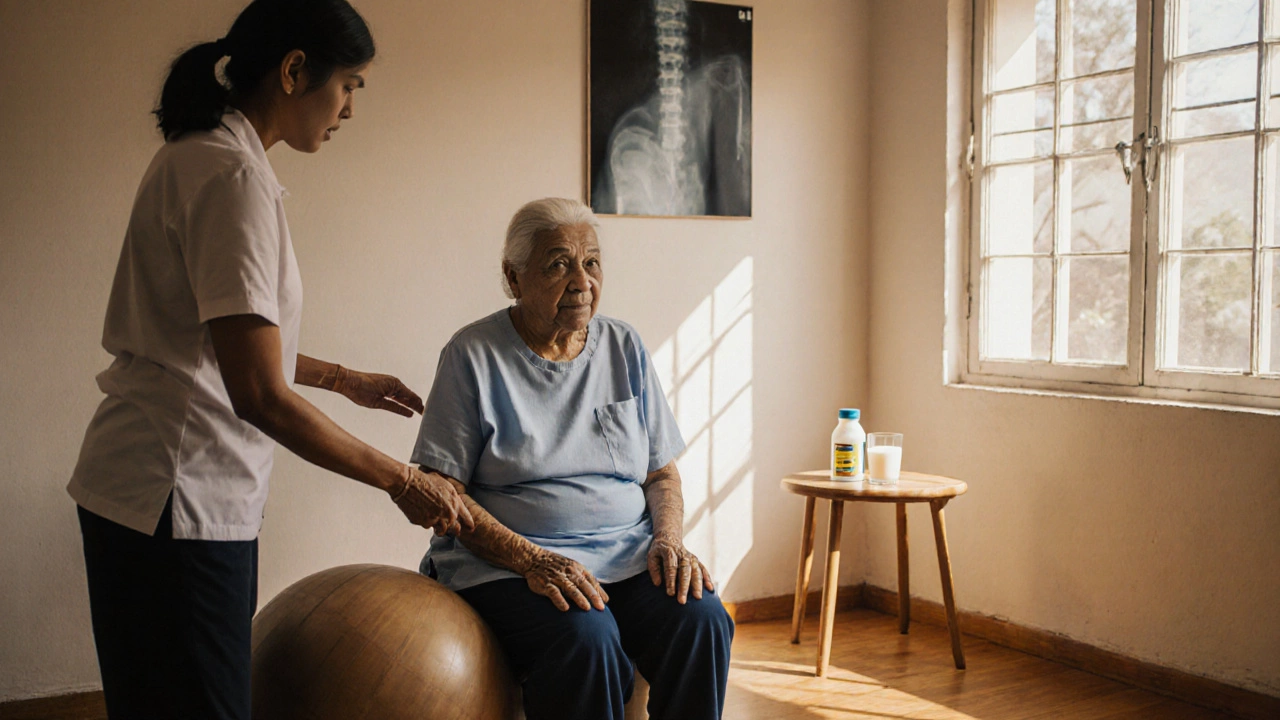 Elderly Indian woman doing physiotherapy exercises beside calcium supplements and an X‑ray.