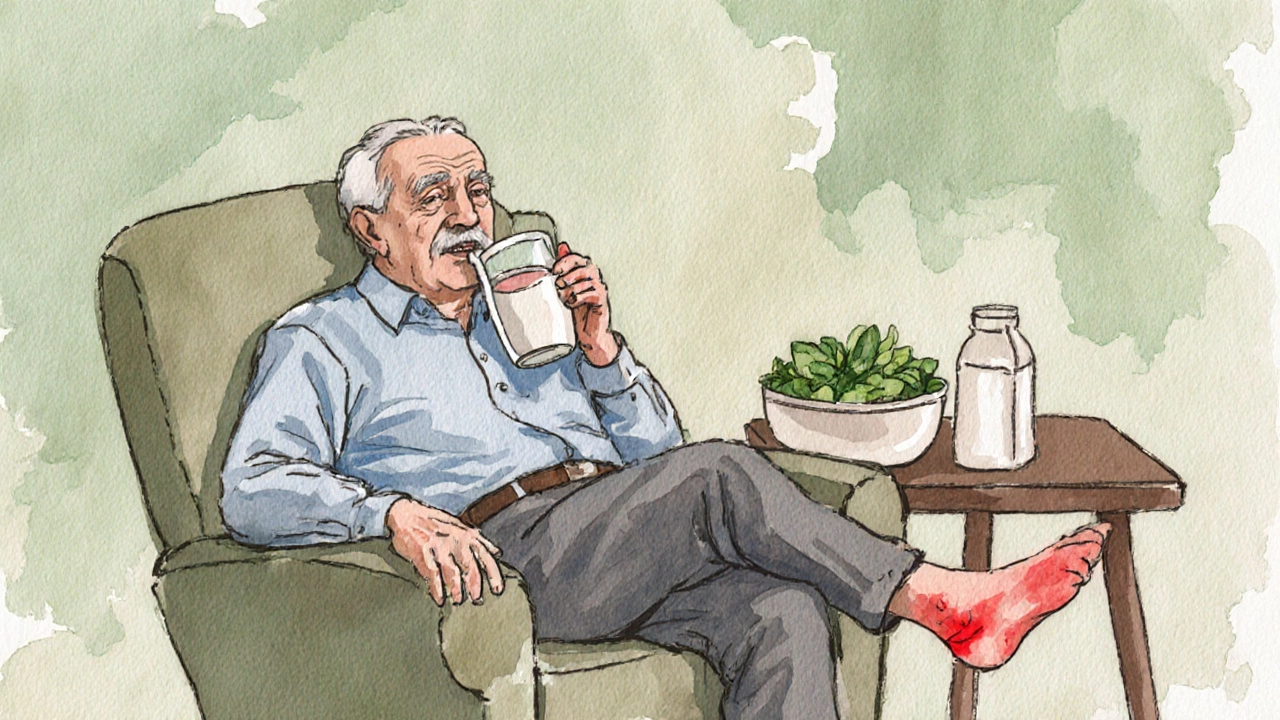 Elderly man at home with protein smoothie, greens, and a subtle red‑flag swelling on his ankle.