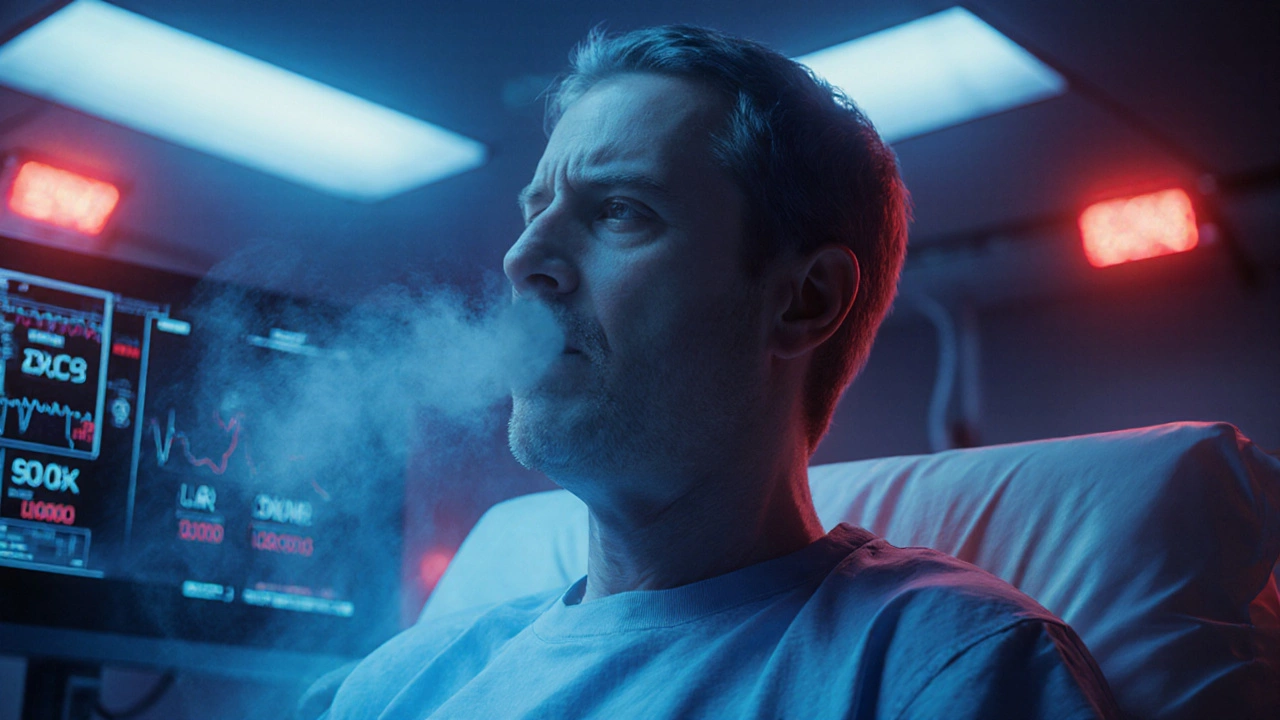 Emergency room scene showing a patient with rapid breathing and warning monitors.