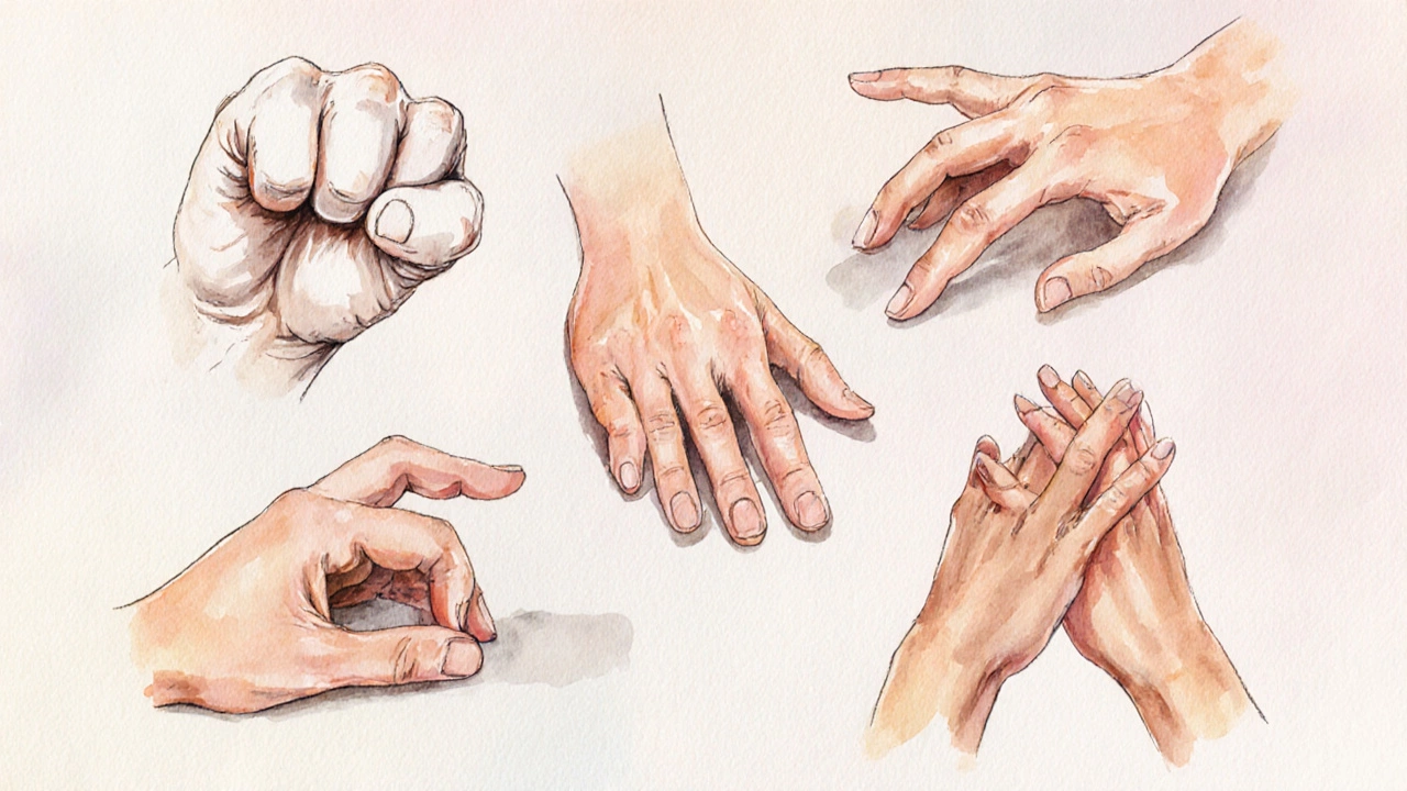 Five hand gestures: clenched fist, open palm, fidgeting fingers, hands covering face, slow deliberate gesture.