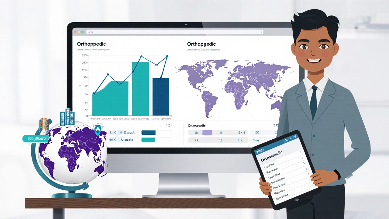 Flat design SEO dashboard comparing "orthopedic" and "orthopaedic" search trends worldwide.