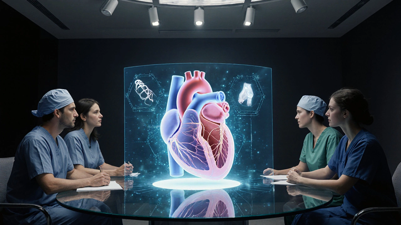 Heart team reviewing a holographic heart model with TAVR and stent overlays.