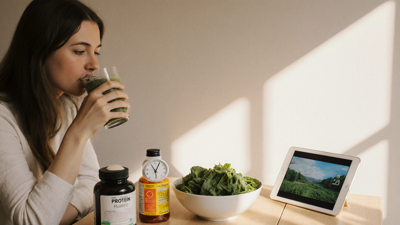 Home scene with patient drinking a protein smoothie, vitamins, and preparing for daily rehab.