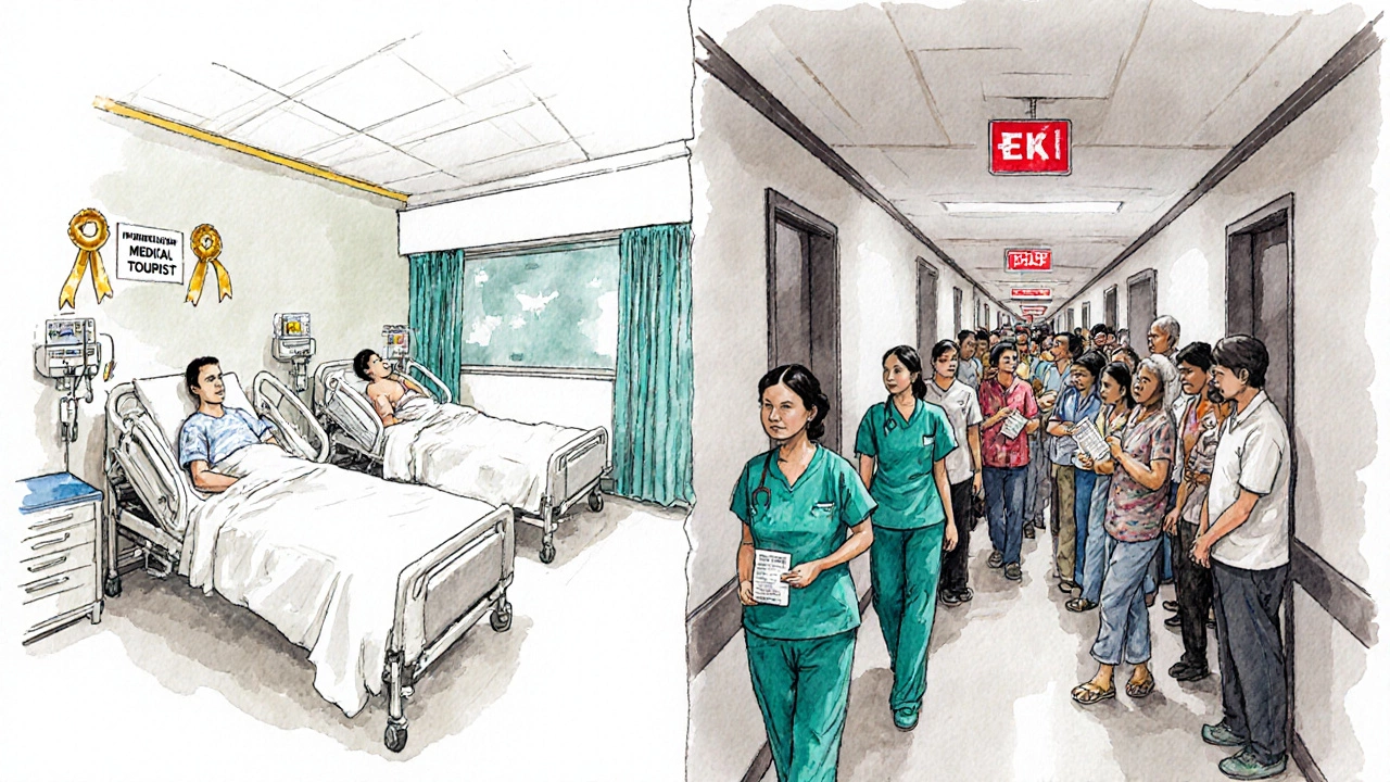 Illustration of premium ICU beds for foreign patients and crowded hallway with local residents waiting, showing healthcare strain.