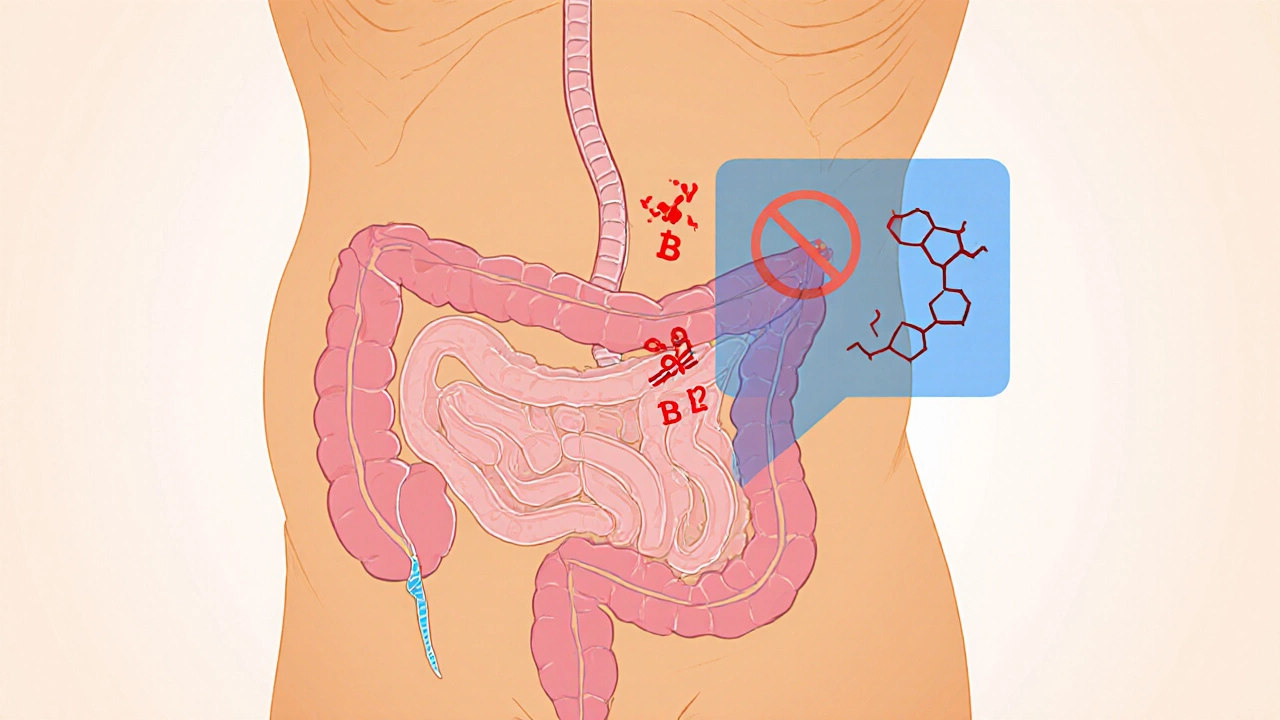 Illustration of stomach and intestines with icons for nausea, diarrhea, and low B12 absorption.