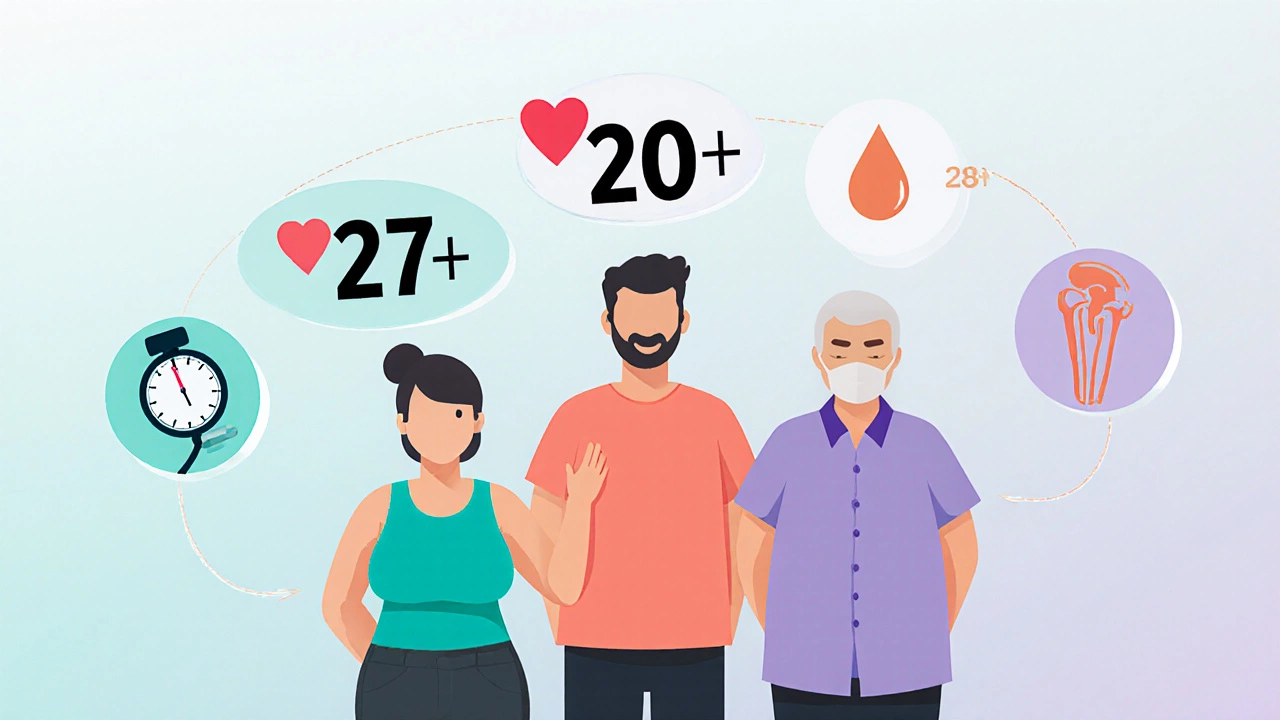 Illustration of three adults with BMI numbers and icons for blood pressure, cholesterol, sleep apnea, and joint health.