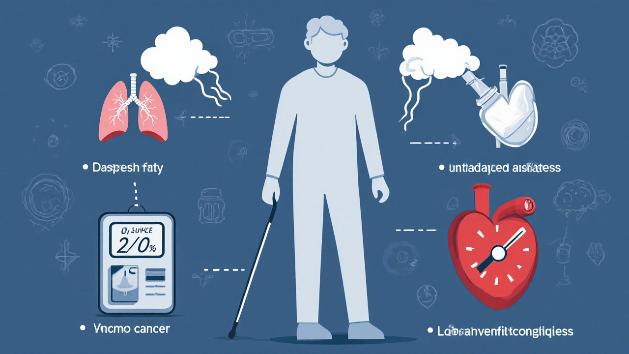 Illustration showing frailty, COPD, dialysis, diabetes, cancer, and low heart function icons.