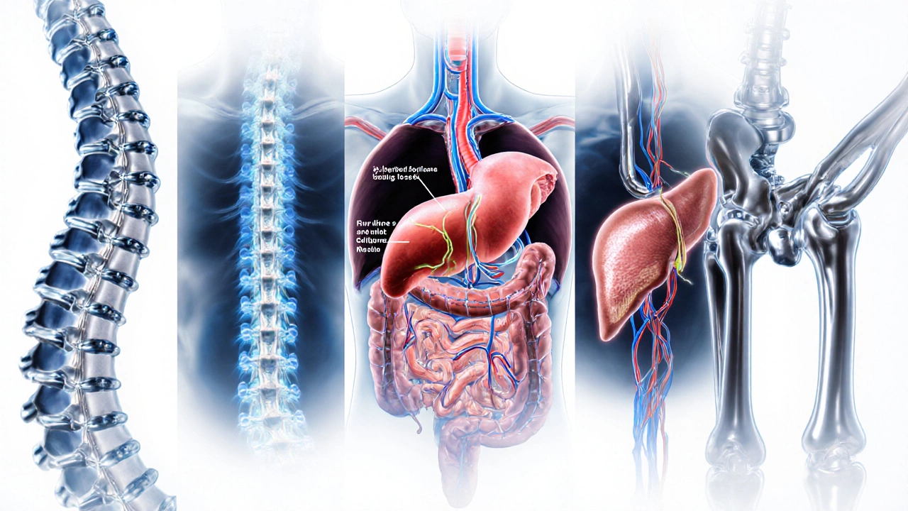 Medical illustration collage of spinal fusion, Whipple, heart and liver transplants, and hip replacement.
