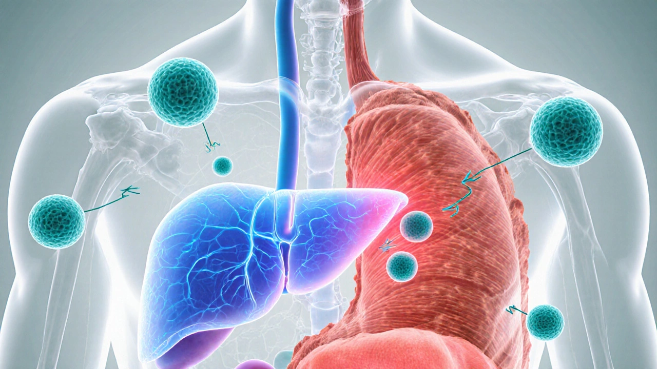 Medical illustration showing Metformin molecules reducing liver glucose production and improving muscle insulin sensitivity.