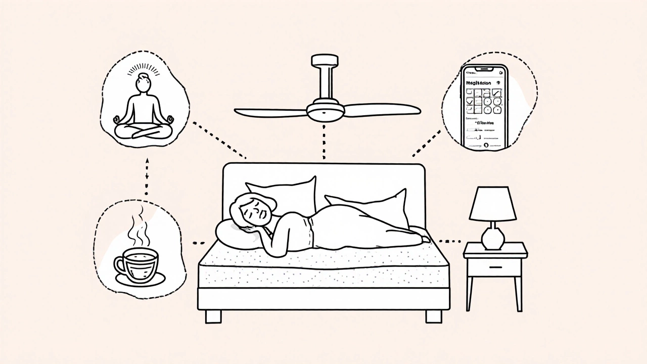 Minimalist line art of Melissa sleeping, meditating, and tracking habits.