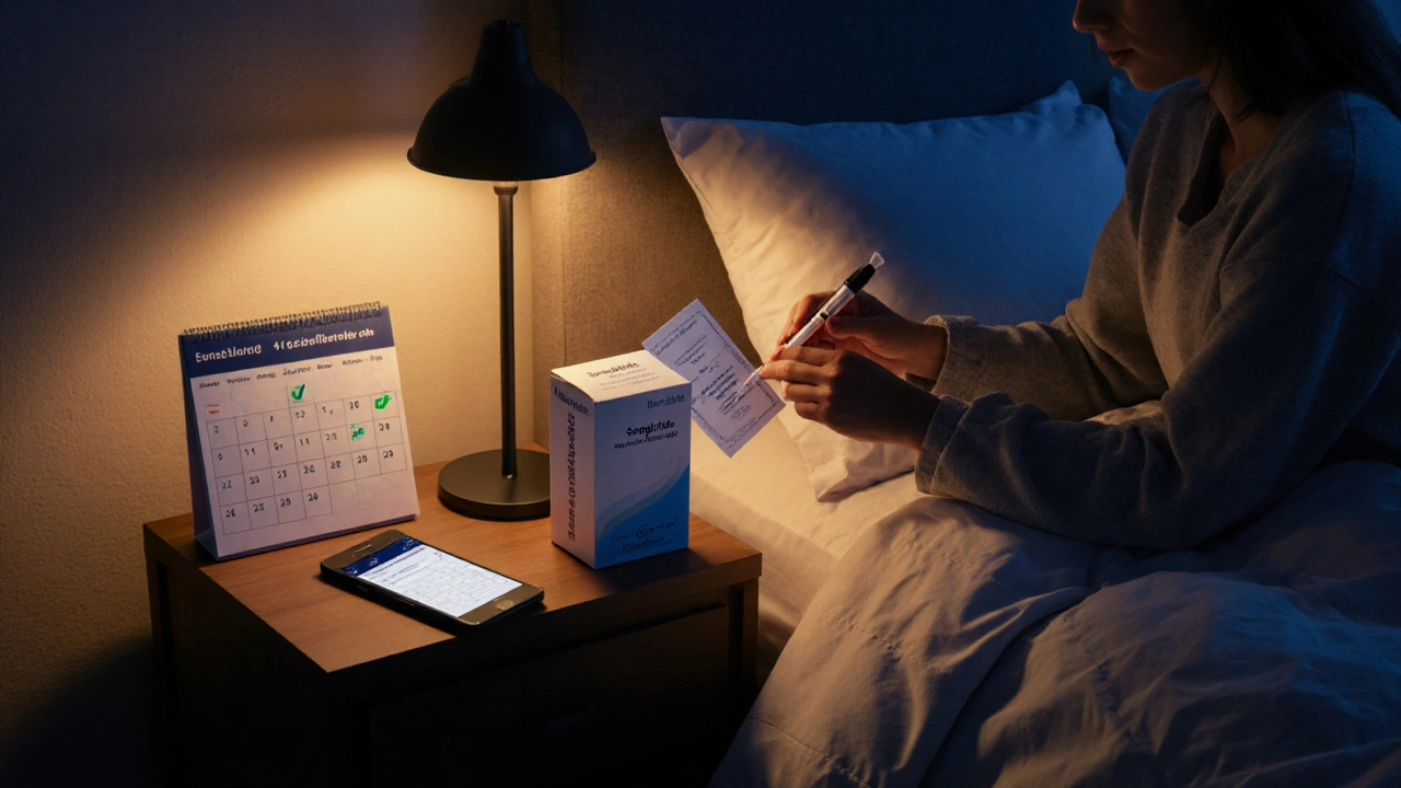 Nighttime scene of a person opening a Hers Health box revealing a semaglutide pen and a calendar reminder.