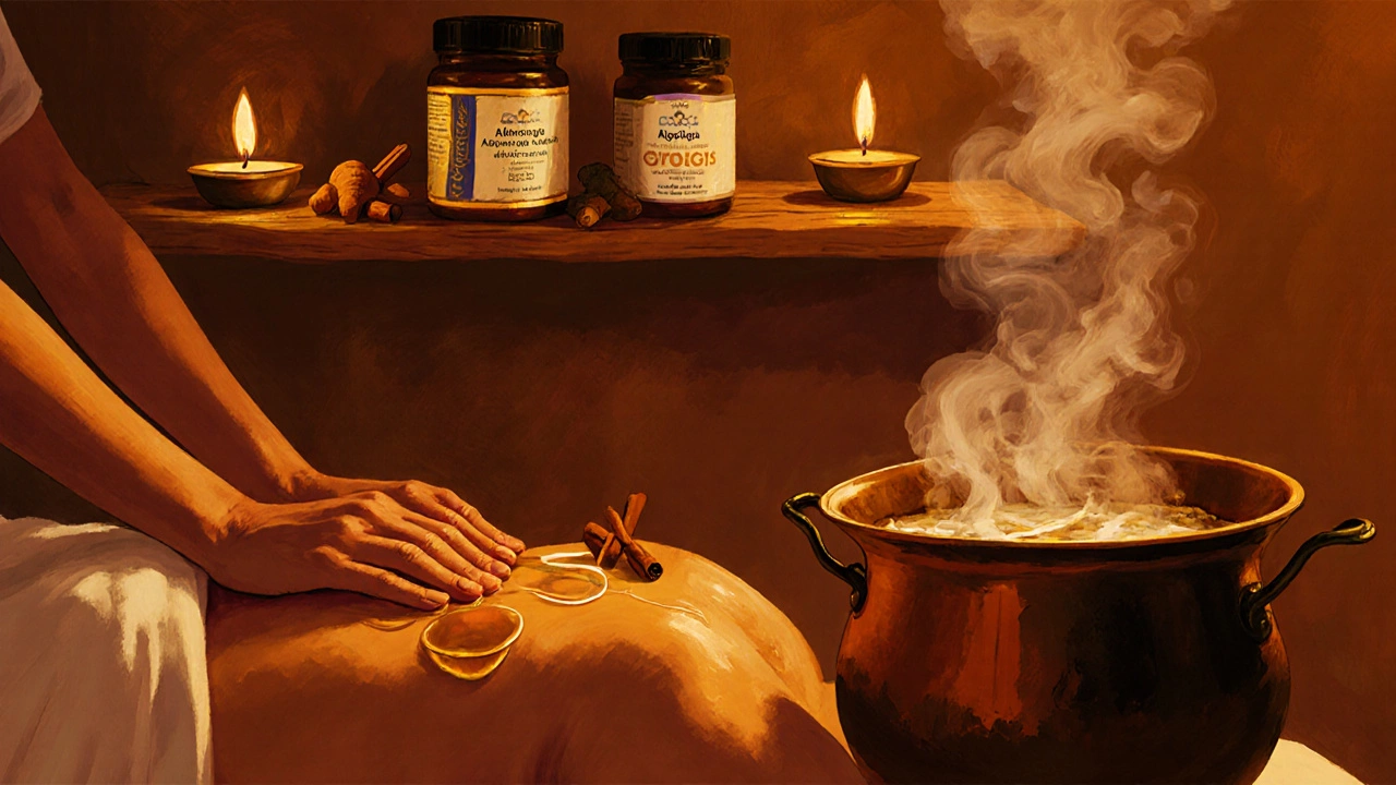 Panchakarma detox scene with oil massage, steam, and herbal jars in warm light.