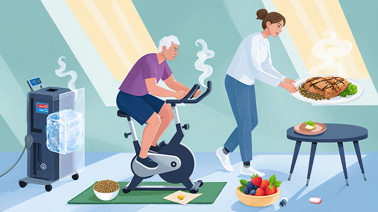 Patient doing physiotherapy with stationary bike, CPM machine, ice pack, and protein foods in rehab clinic.