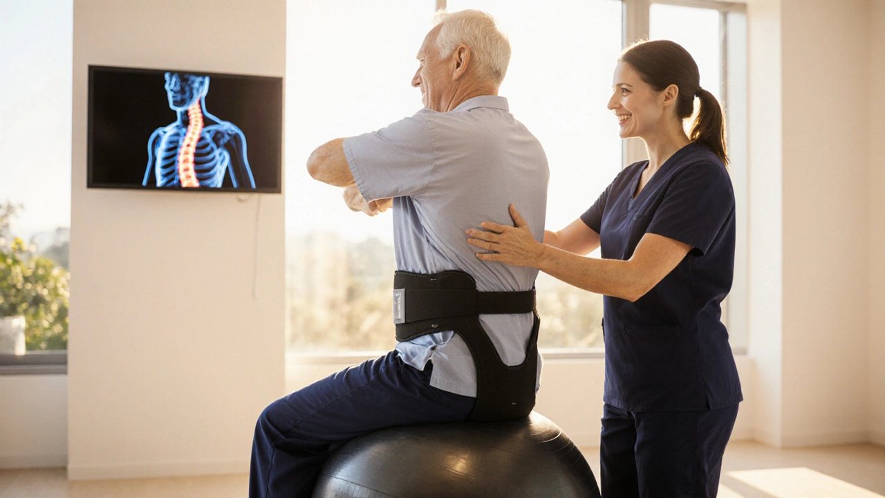 Patient in a brace doing gentle exercises with a physiotherapist in a sunny therapy room.