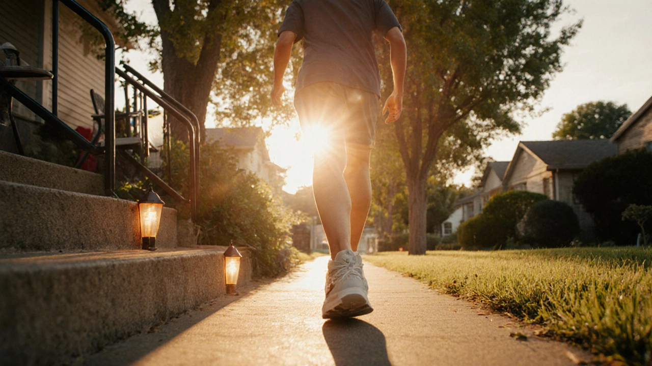 Patient walking confidently without assistive devices, climbing stairs outdoors, showing recovered knee.