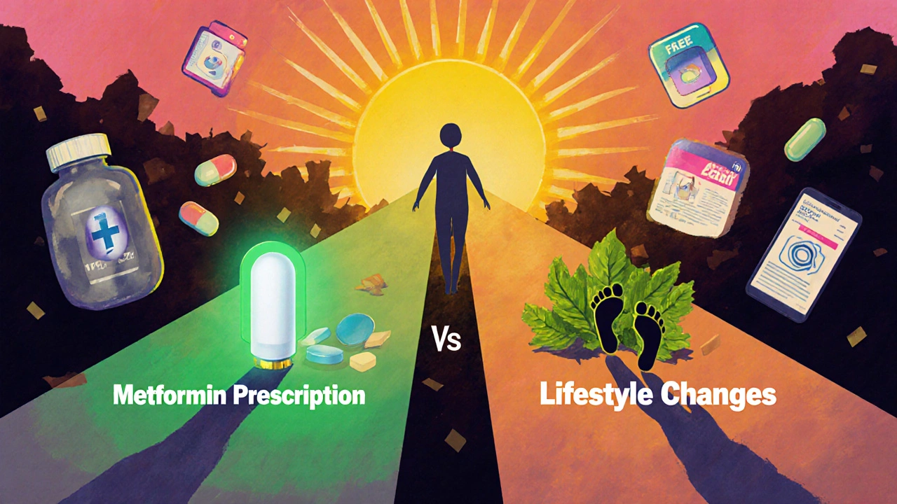 Person choosing between prescription medication and lifestyle changes with crumbling fake pills behind.