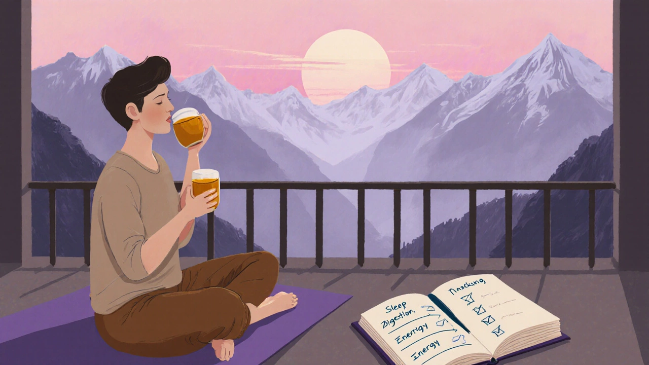 Person doing yoga at dawn, drinking turmeric tea, with a journal nearby.