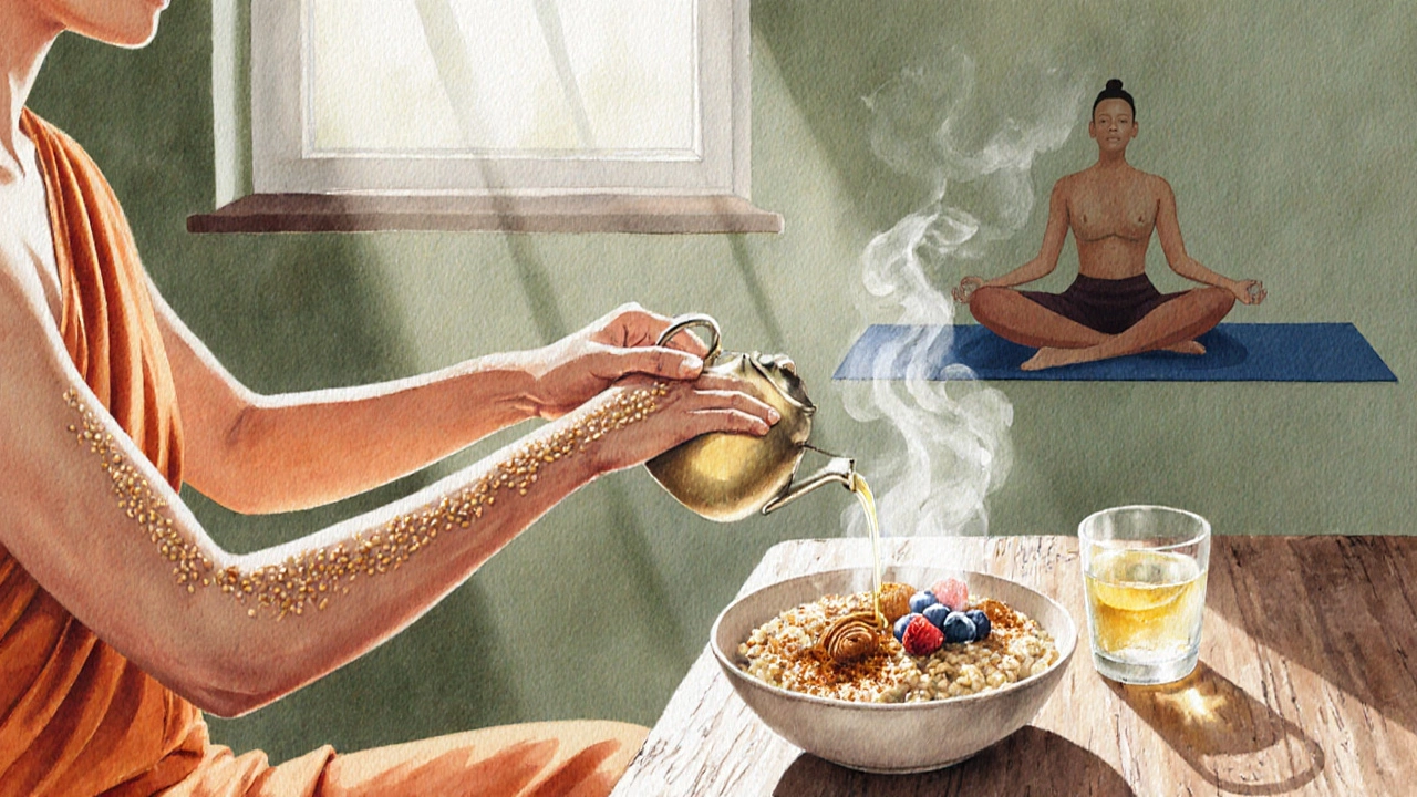 Person massaging with oil, quinoa porridge with herbs, and yoga pose in morning light.