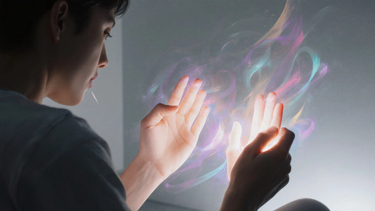Person’s hands glow and change from clenched to open, reflecting inner emotions.