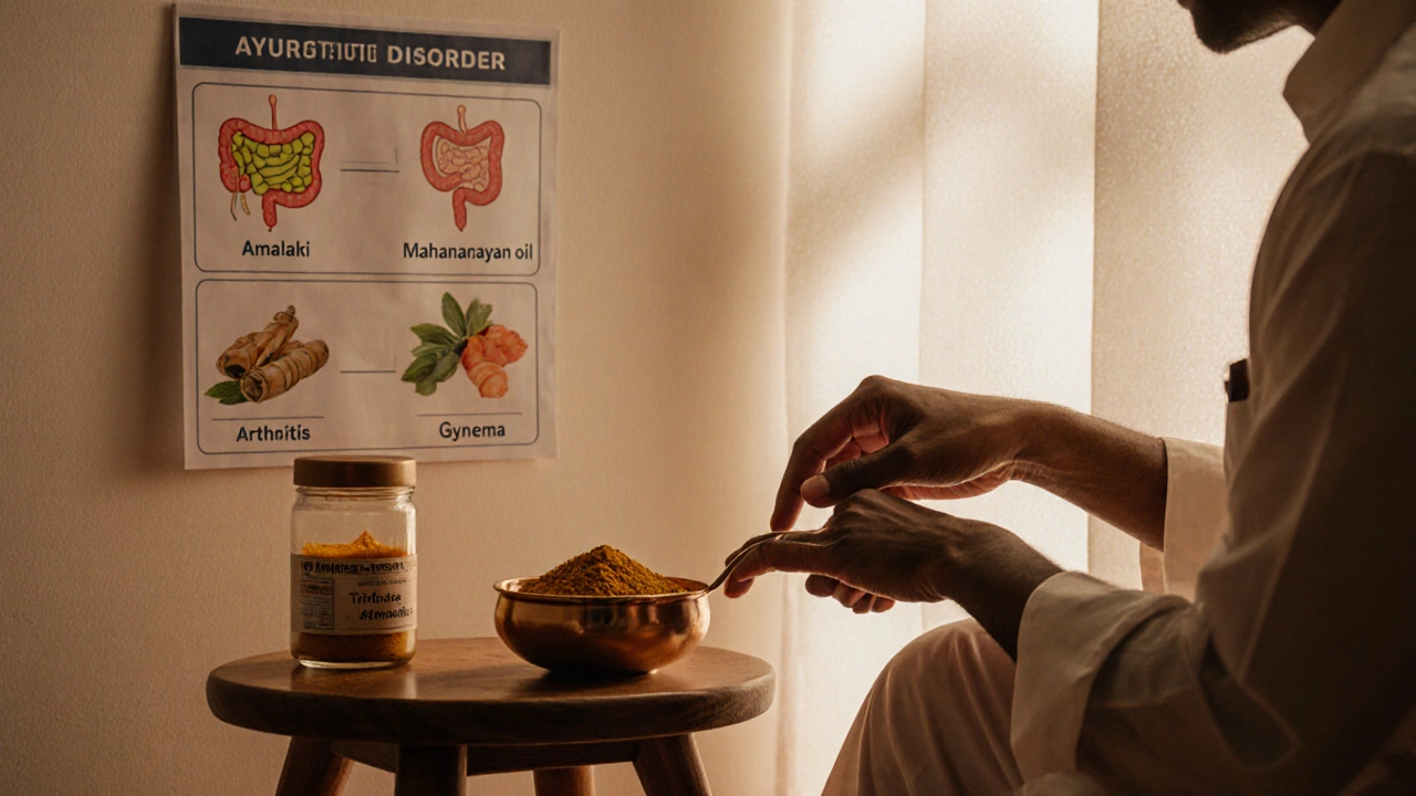 Photorealistic Ayurvedic consultation with pulse reading, herbs, and health charts.