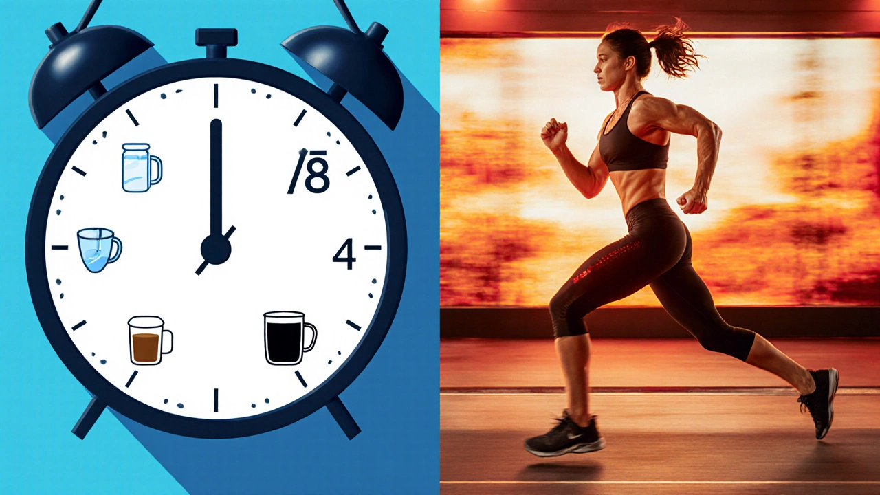 Split image of fasting clock icons and a runner doing HIIT sprints.