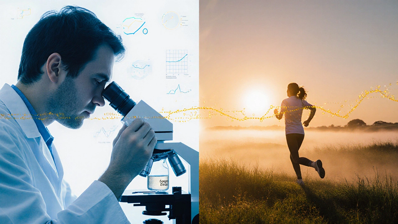 Split view of lab examining Guggul extract and a sunrise walk representing Ayurvedic health.