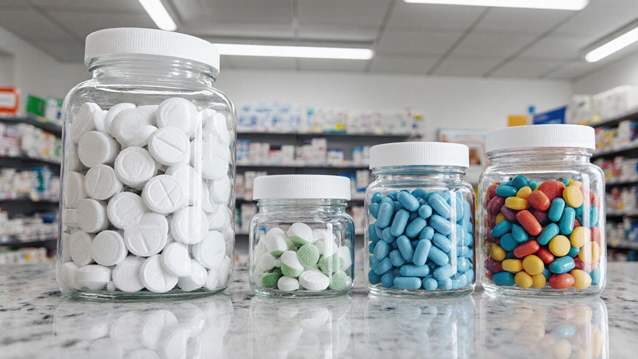 Stacks of colorful diabetes pills on a pharmacy counter, the largest pile of white Metformin tablets beside smaller piles of other drugs.
