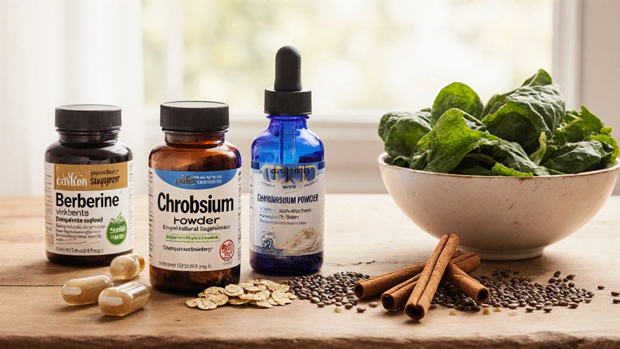 Supplements and whole foods like berberine, cinnamon, oats, and spinach on wooden table.