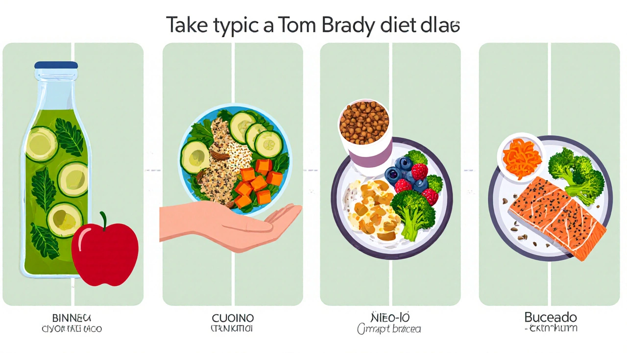 Vertical illustration of a day's meals: smoothie, almonds and apple, quinoa bowl, coconut yogurt, and salmon dinner.