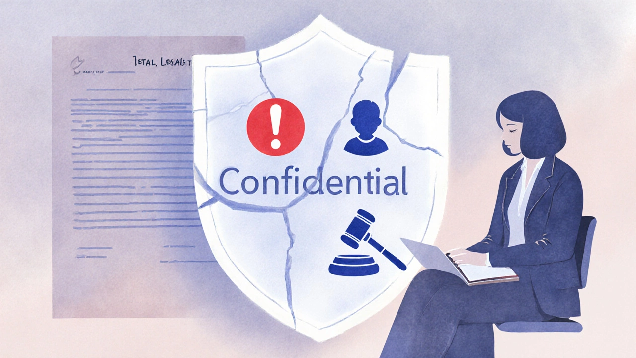 Watercolor illustration of a cracked confidentiality shield with symbols for risk, abuse, and court orders.