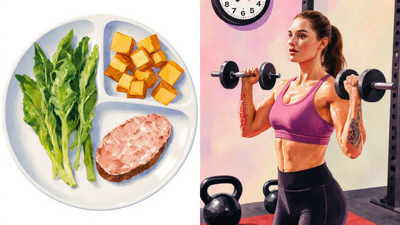 Watercolor split scene: plate of whole foods beside Melissa doing a dumbbell press.