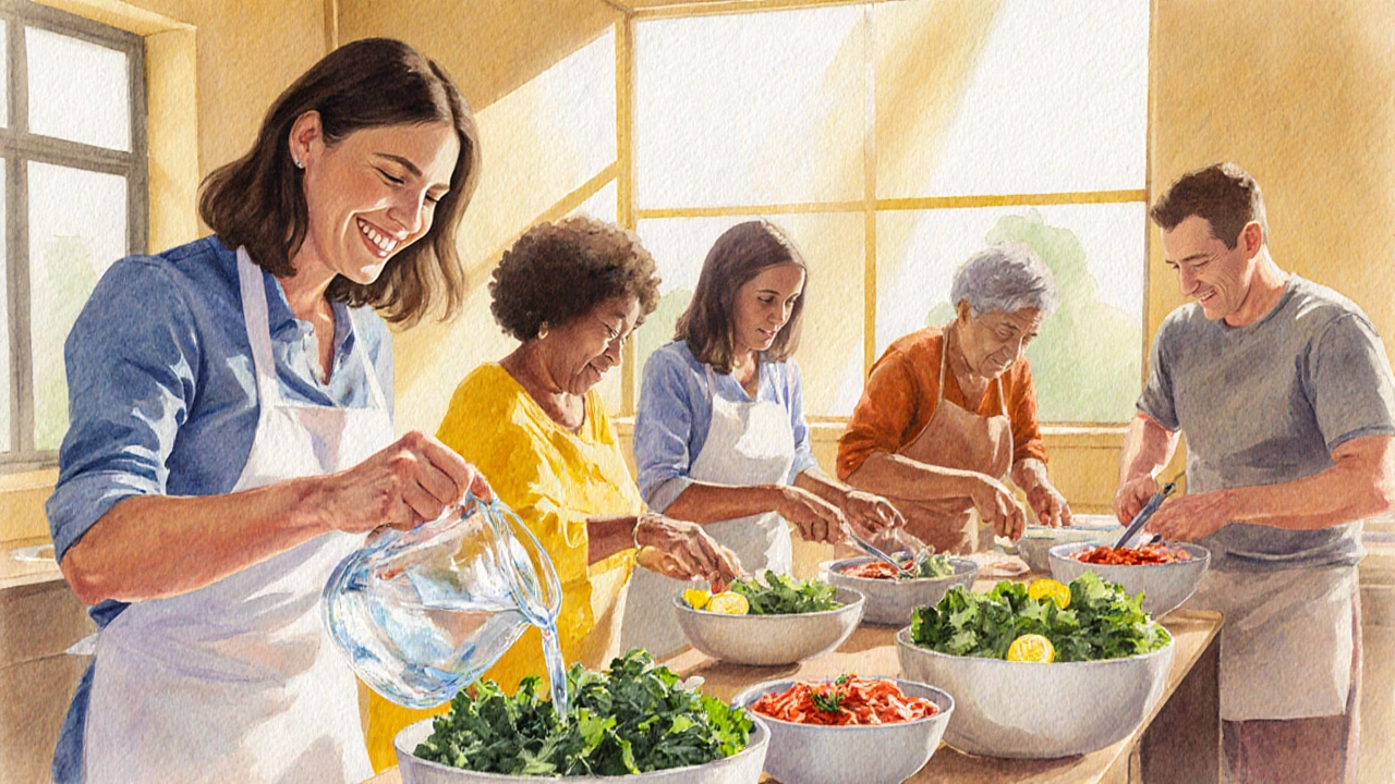 Watercolor workshop scene with a nutritionist and participants preparing alkaline water, kale, and kimchi.