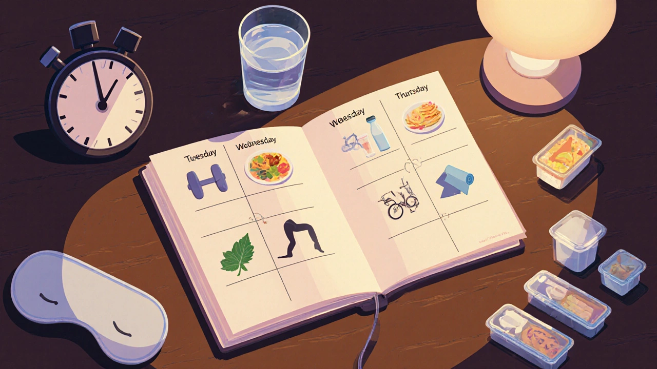 Weekly planner with icons for meals, workouts, sleep, and hydration.