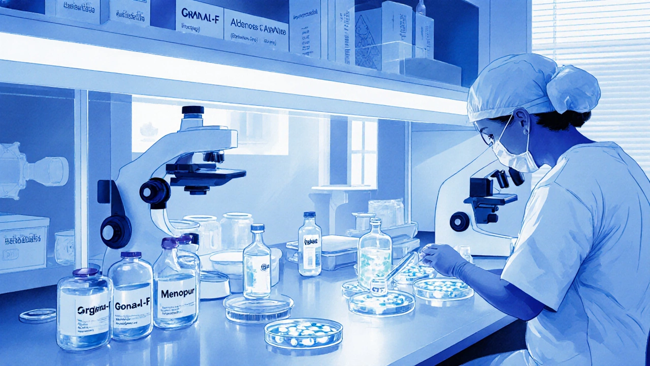 A fertility lab with embryos in petri dishes, medication vials, and technicians working under microscopes.