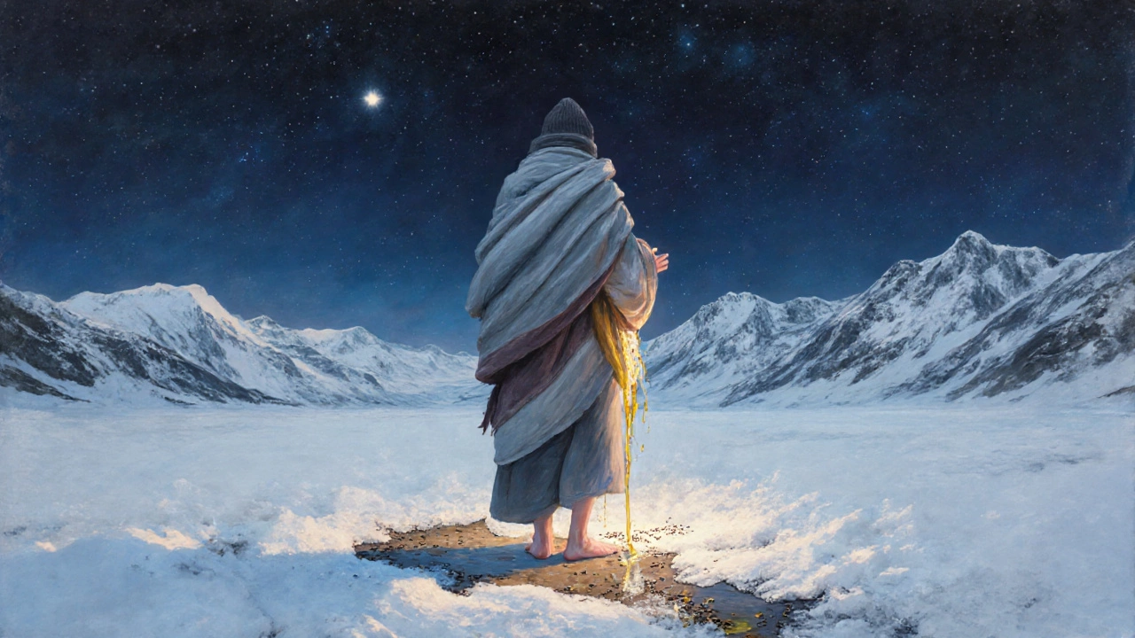 A figure in winter clothing standing barefoot, oil dripping into melting snow under starry skies.