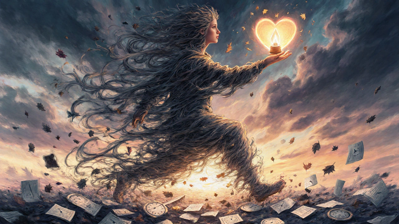 A person made of wind and leaves, reaching toward a glowing heart amid floating clocks and papers.