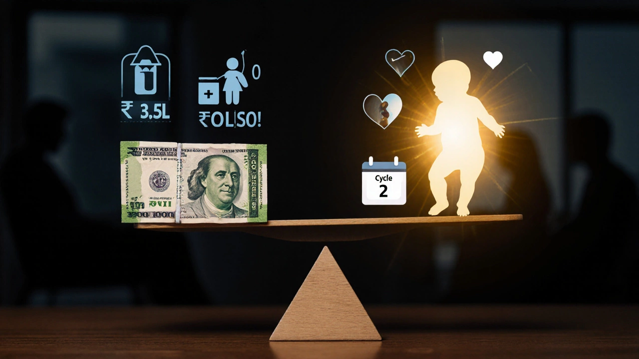 A symbolic scale balancing the high cost of IVF against the hope of a baby, with emotional lighting.