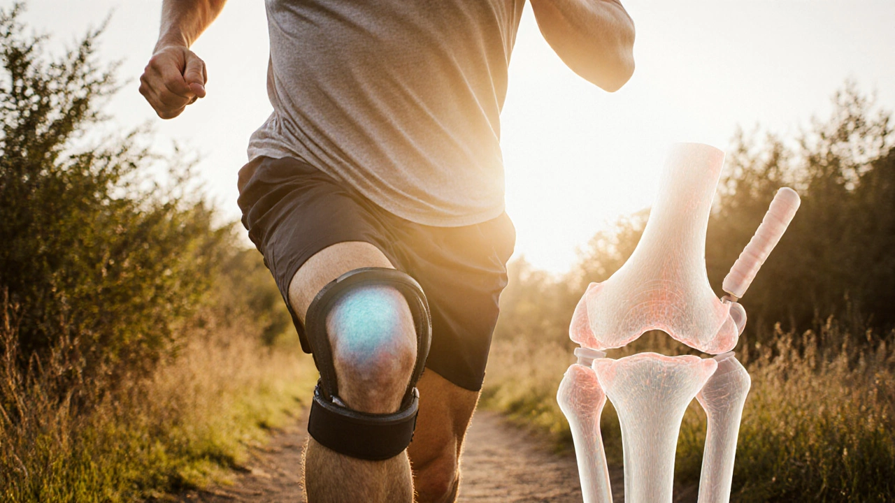 A young active man jogging with a knee brace, symbolizing early joint wear.