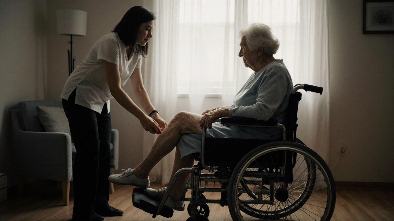 An elderly woman with Parkinson’s unable to move her leg during physical therapy.