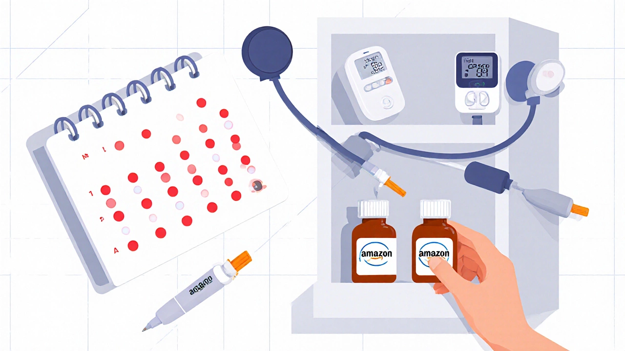 Calendar with refill reminders and medication items floating near a medicine cabinet.