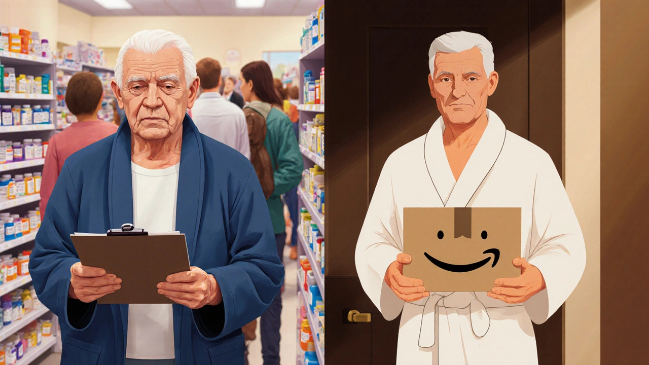 Contrasting scenes of long pharmacy wait versus home delivery of medications.