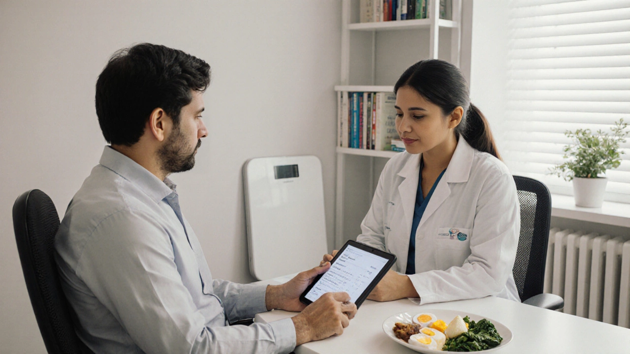 Doctor reviewing health data with a patient in a clinic, healthy meal visible on the table.