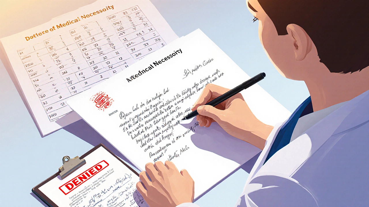 Doctor writing medical justification for Ozempic coverage with denied claim visible.